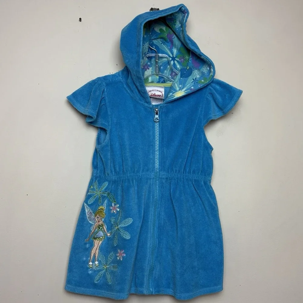 Disney Store Tinkerbell Swim Cover Up Girls XXS Size 2/3 Blue Terry Hood Zip‎